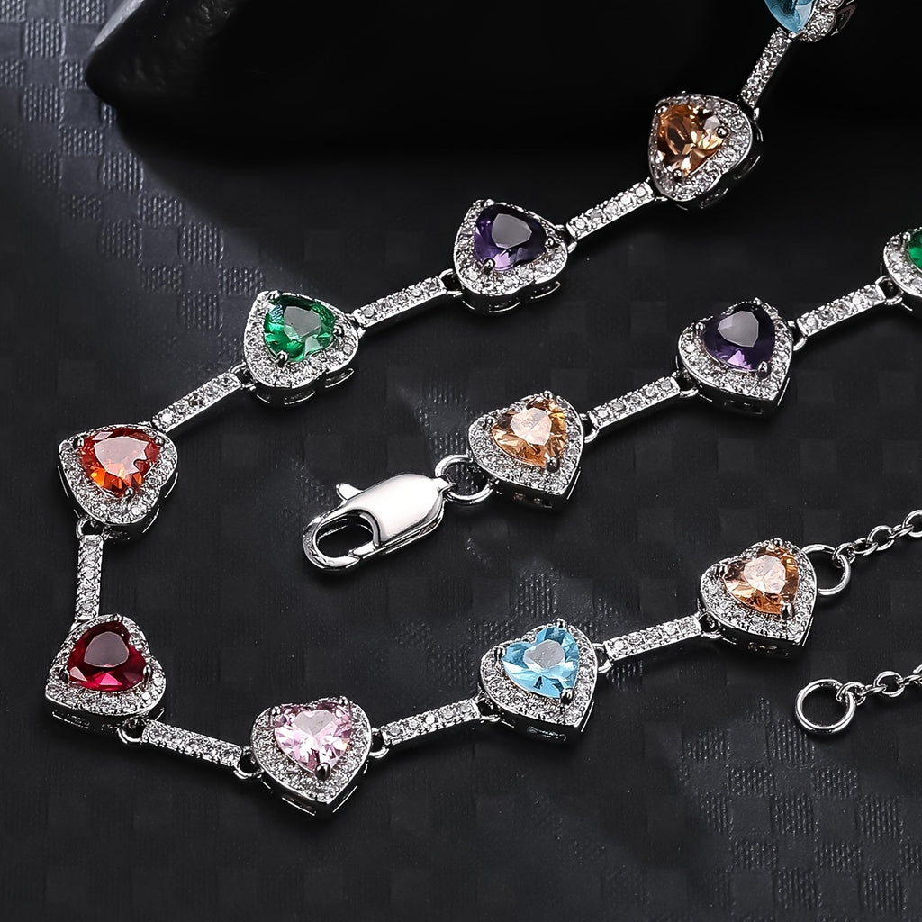 Multi-Colored Crystal Heart Tennis Necklace