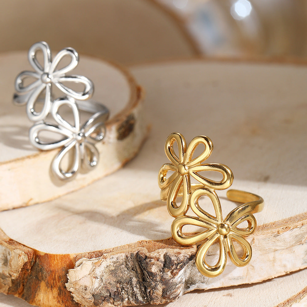 Bohemian Hollow Flower Stainless Steel Ring