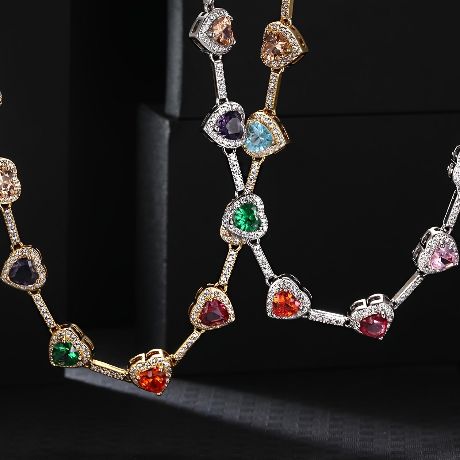 Multi-Colored Crystal Heart Tennis Necklace