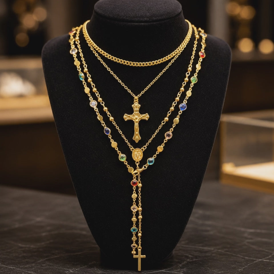 Multi-Colored Golden Rosary Necklace✨