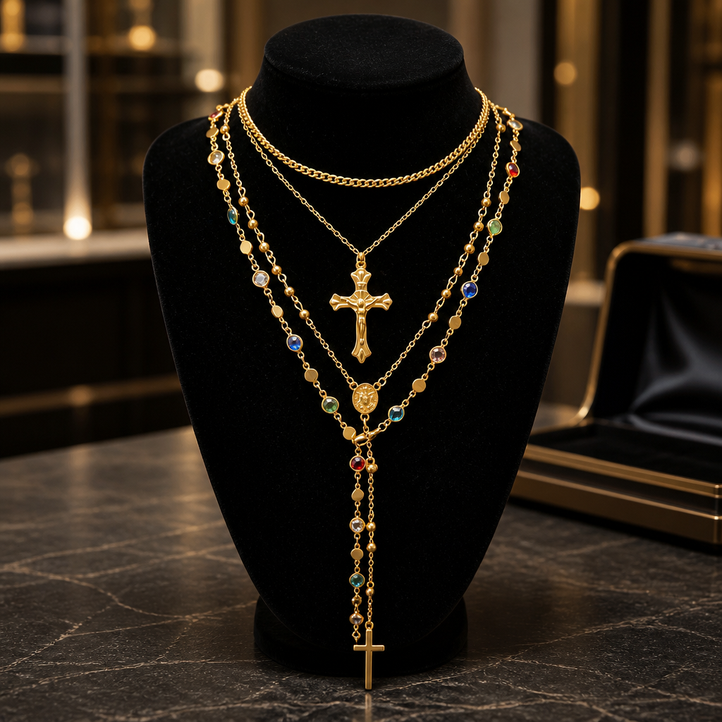 Multi-Colored Golden Rosary Necklace✨